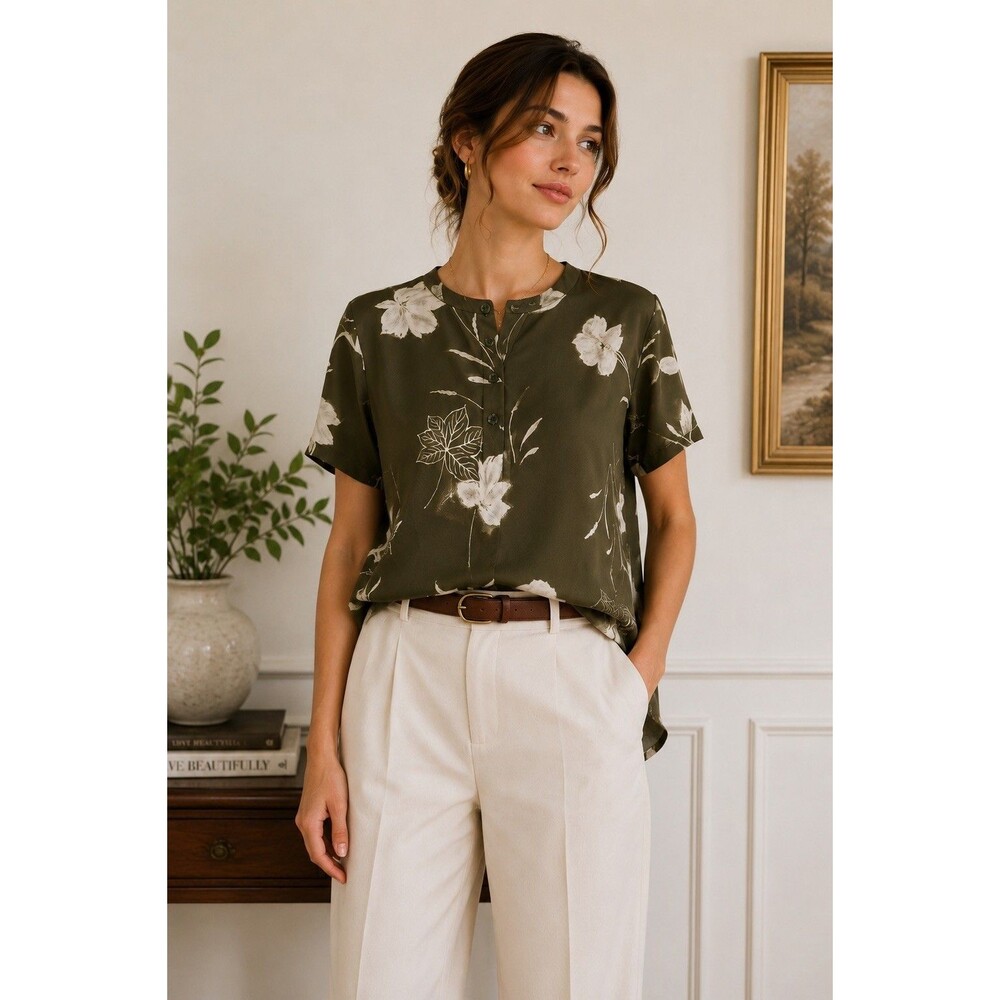 Jones New York 100% Silk Floral Blouse Olive Green Ivory Short Sleeve Size 12